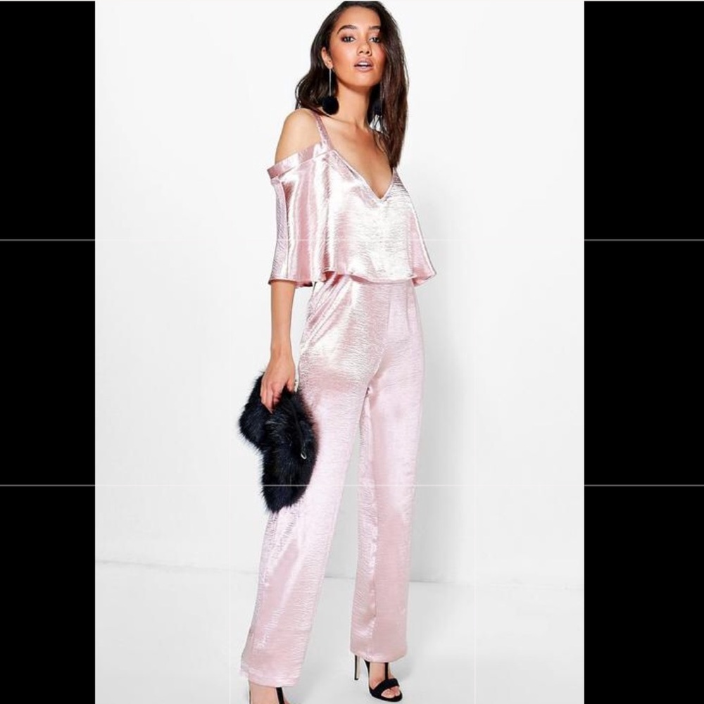 Boohoo Petite blush/Pink OTS satin jumpsuit